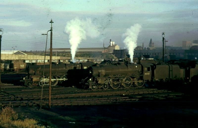Stanier Black Five 45415 4-6-0's standing in Warrington Dallam Locomotive Depot (pictured in October 1966)