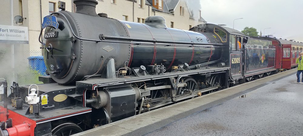 K1 4-6-0 steam locomotive 62005 at Fort William with THE JACOBITE tourist train for the West Highland line trip in June 2021 (photo courtesy of Kentish Bob YouTube https://www.youtube.com/@kentishbob6423 )