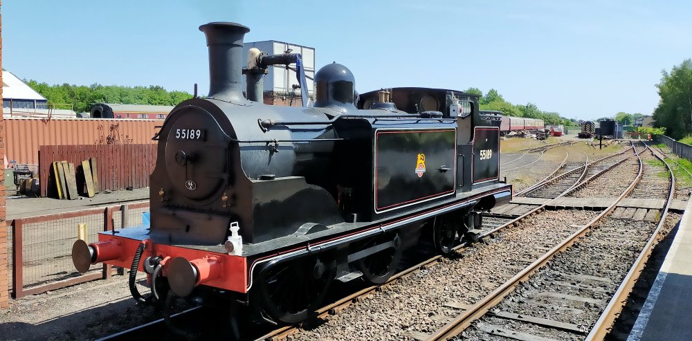 Steam locomotive 0-4-4T 55189 in BR black livery with �British Railways� lettering, in 2023 on the Bo'ness an Kinneil Railway in Scotland