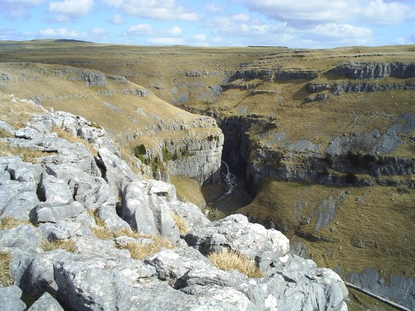 View of Gordale Scar from above, not surprisingly, a major tourist attraction of the Yorkshire Dales.
