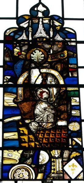 Fragments of medieval stained glass window panels in St Chad's Church, Kirkbymoorside, Rydale, North Yorkshire, England