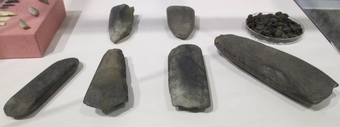 Six ground stone axes from 7000-6000 BC, early Neolithic period in Ireland. National Museum Ireland Archaeology Dublin