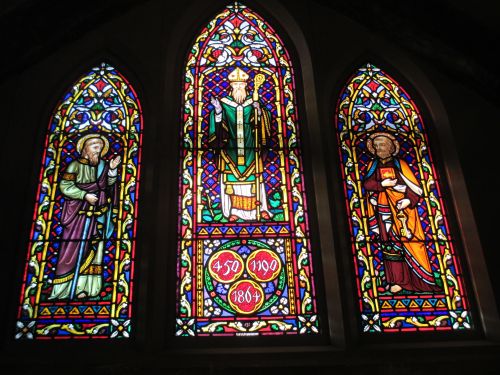 The lancet stained glass window panels in the Baptistery of St Patrick's Cathedral, Dublin