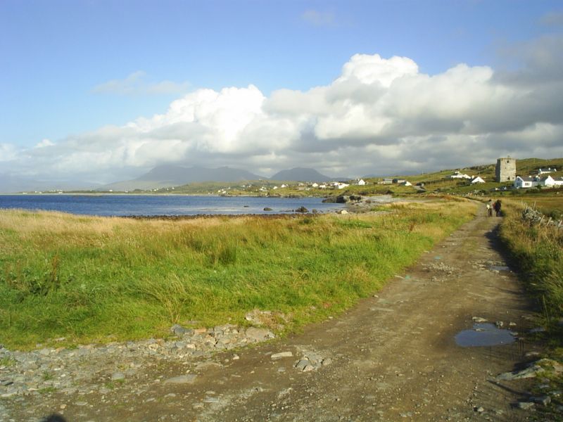 Renvyle Castle (right) and the Mweelrea and Maanturk Hills-Mountains of Connemara in the distance. Renvyle Castle (right) and the Mweelrea and Maanturk Hills-Mountains of Connemara in the distance.