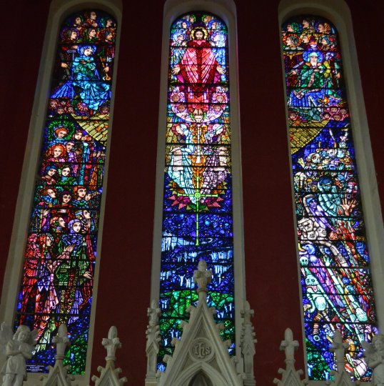 The Last Judgement window above the altar in St Patrick's Church, by the famous Dublin based stained glass artist Harry Clarke St. RC Church Newport, Co. Mayo, Ireland