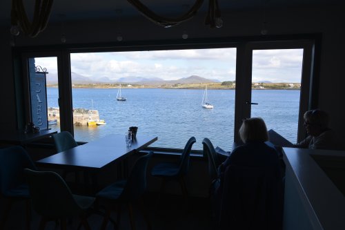 O'Dowd's cafe, Main Street, Roundstone village. Lovely smart cafe and great views out across the harbour, bay and the Twelve Bens. Roundstone, Connemara, Co. Galway, Ireland