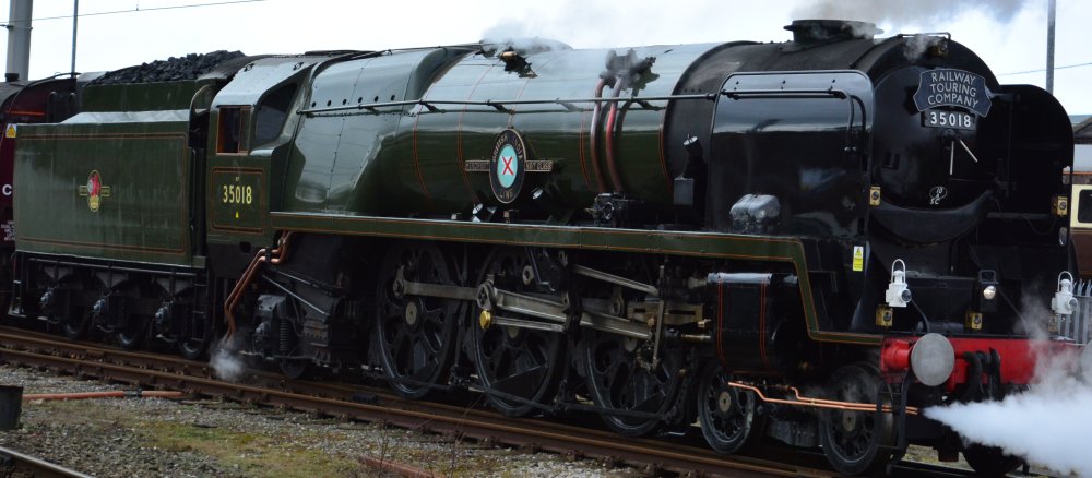 Rebuilt steam locomotive 35018 British India Line Merchant Navy Class Bullied 4-6-2 Pacific