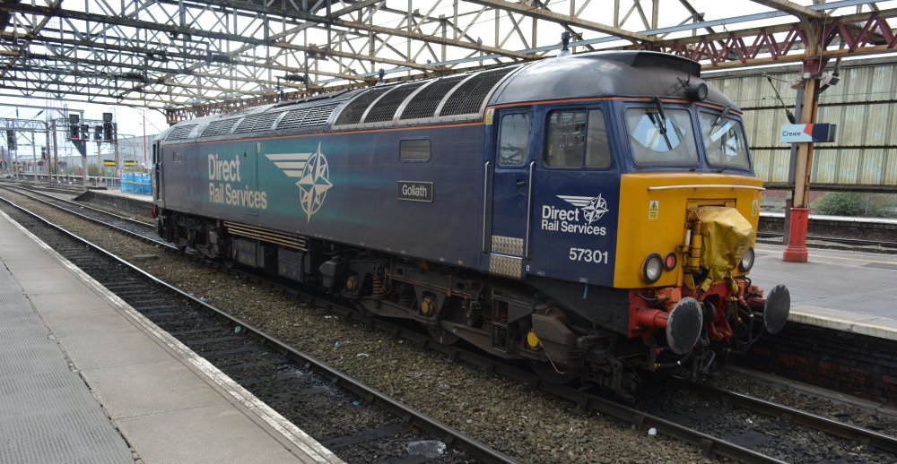 DRS operated Class 57 diesel-electric locomotive 57301 Goliath in Crewe station (purpose?, March 2020)