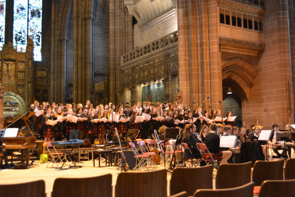 The Liverpool College choir and orchestra in rehearsal in the Anglican Cathedral (March 2022)