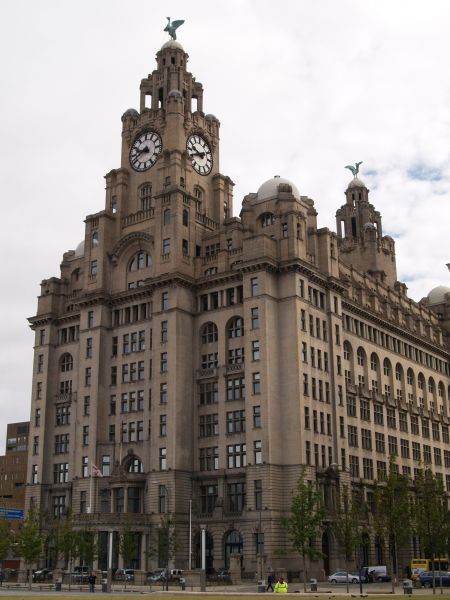 The Royal Liver Building built in 1908-1910 by W. Aubrey Thomas. It is constructed of reinforced concrete (early use of such material) and sandstone and eight storeys high Pier Head Liverpool