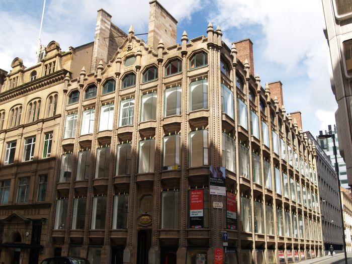 Liverpool Water Street No. 14 Oriel Chambers amazing forward looking building of glass built in 1864 design of the relatively unknown architect Peter Ellis. Pevsner describes it as one of the most remarkable buildings of its date in Europe