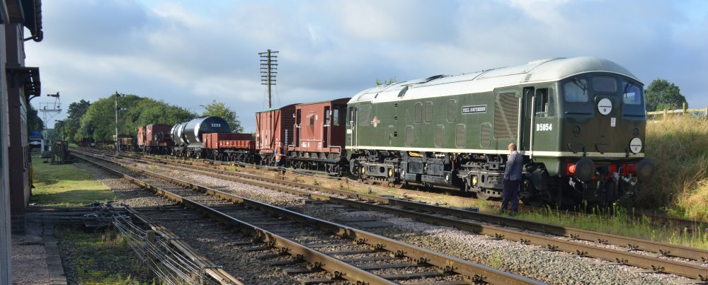 Class 24 Bo-Bo diesel locomotive D5054 PHIL SOUTHERN with a demonstration freight train at Quorn and Woodhouse station, Great Central Railway heritage weekend 'Railways at Work' (GCR August 2023)