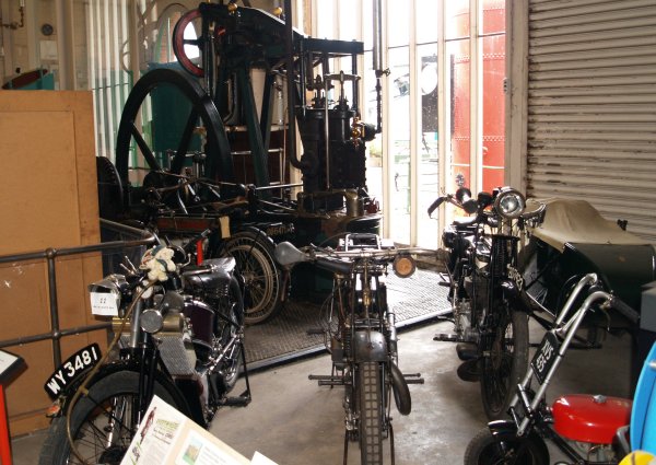 Quite a variety of historic motor bikes, pumps and other gadgets from Victorian times and the earlier 20th century. The Abbey Pumping Station Museum of Science and Technology, Leicester, England, English Midlands