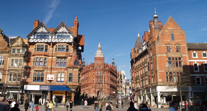 Buildings in the City Centre, looking up King Street from Market Square and Long Row is on the right. - City of Nottingham, England, English Midlands