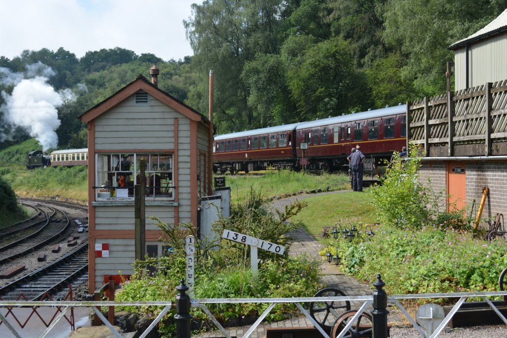 Steam loco 5541 reverses into the passenger platform of Norchard High Level Dean Forest Railway Gloucestershire England
