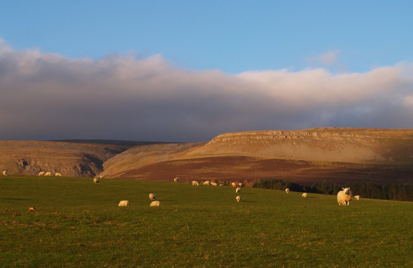 30. The late evening sunlight of the setting sun on the limestone ridges and escarpments of the western Pennines above the village of Dufton, East Cumbria.