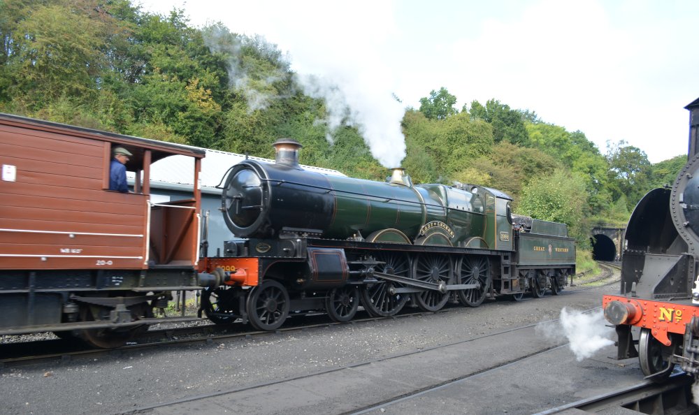 Passing Grosmont depot with a demonstration freight train, 2999 LADY of LEGEND GWR 2900 Class Saint 4-6-0 steam locomotive, (NYMR Steam Gala September 2021)