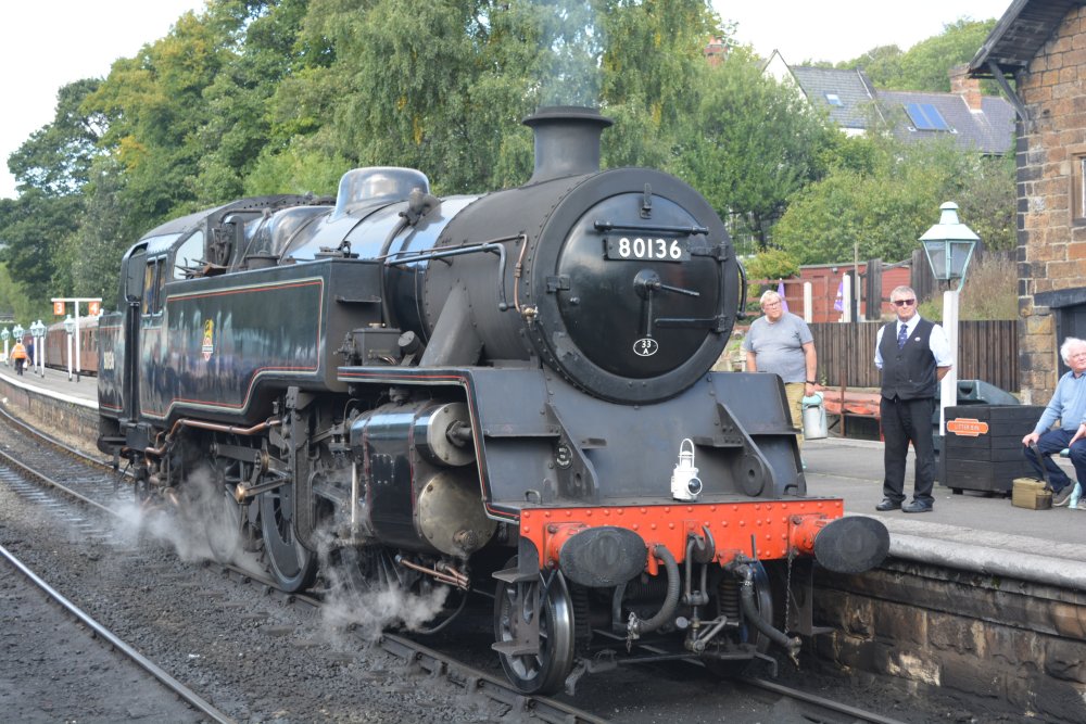 Waiting at Grosmont station, displaying a 33A shed code, BR standard 4MT 2-6-4T tank engine 80136, NYMR Steam Gala September 2021