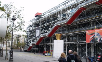The main entrance to the Pompidou Centre in Place Georges Pompidou off Rue St Merry.