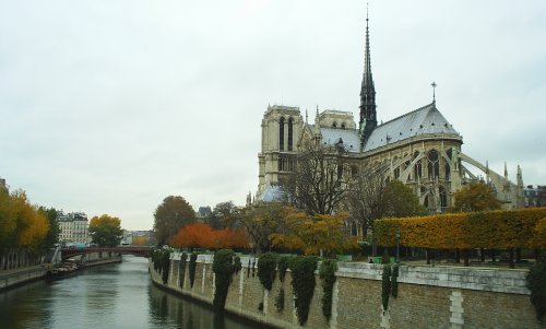 Notre Dame Cathedral is set on an island on the River Seine. It was begun in 1163 and finished about 1330 and this Gothic masterpiece stands on the site of a Roman temple.