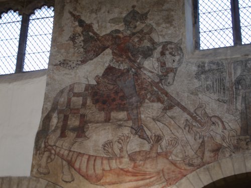 Wall painting detail - St George slaying the dragon.
