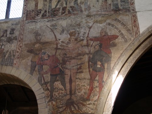 Wall painting detail - the martyrdom of Edmund in AD870.