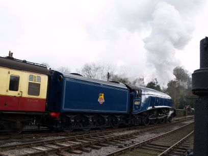 60007 Sir Nigel Gresley leaving Grosmont Station, North Yorkshire Moors Railway, North Yorkshire, Northern England