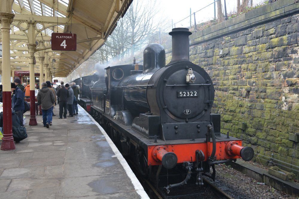 BR 52322 LMS 12322 steam locomotive, double header train from Bury to Rawtenstall station
