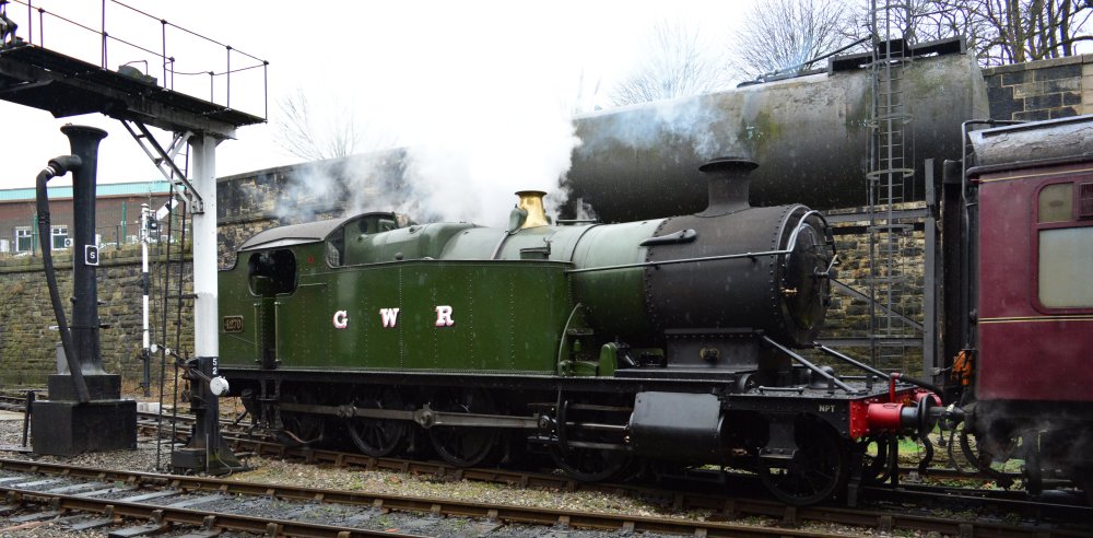 steam locomotive 4270 GWR 4200 Class 2-8-0T Churchward freight design banker on Bolton-Rawtenstall passenger train