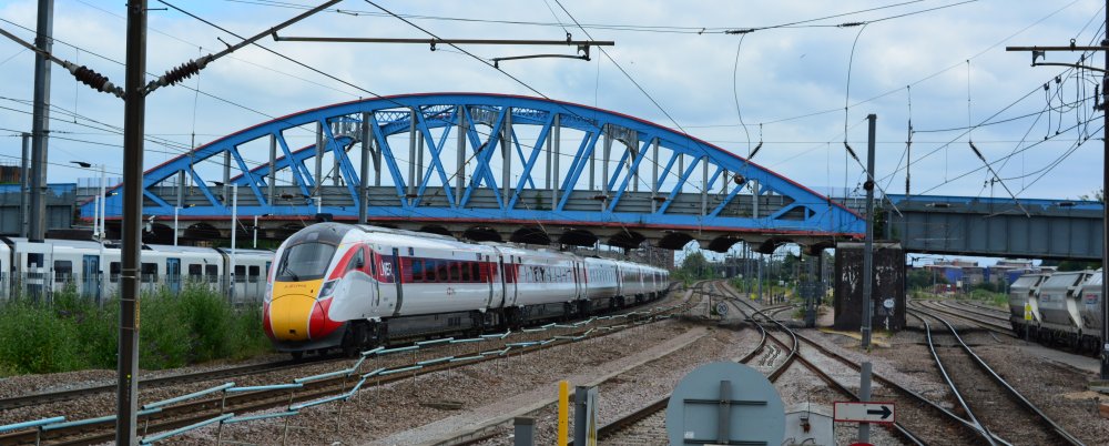 Trains passing under Crescent Bridge, south of Peterborough Station trainspotting Peterborough station