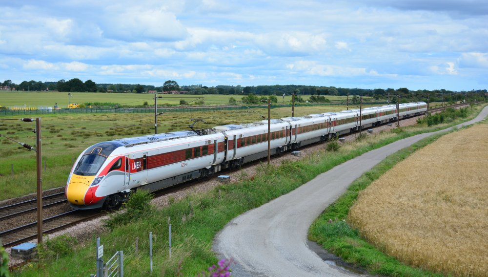 Trainspotting Colton Junction Class 801/2 EMU on the 1000 LNER Azuma service from Edinburgh to Kings Cross trainspotting Colton Lane road bridge