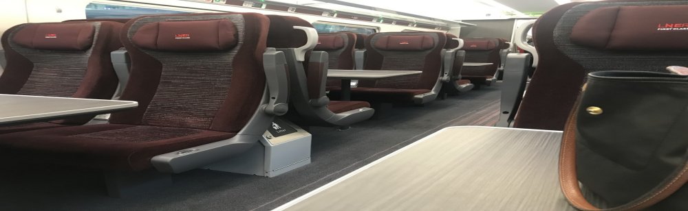 The interior seating and tables inside the new Class 800 carriages. Azuma LNER express EMU intercity trains