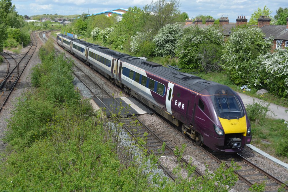 Blaby Road Bridge, southwest of Leicester, Class 220 express DMU 220007 with an EMR service from Sheffield to London London (May 10th 2022)