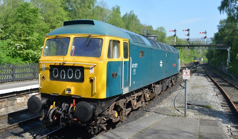 In corporate blue livery, Class 47 diesel locomotive 47077 NORTH STAR (D1661, built Crewe 165 to Brush Traction design) at Grosmont station on the NYMR