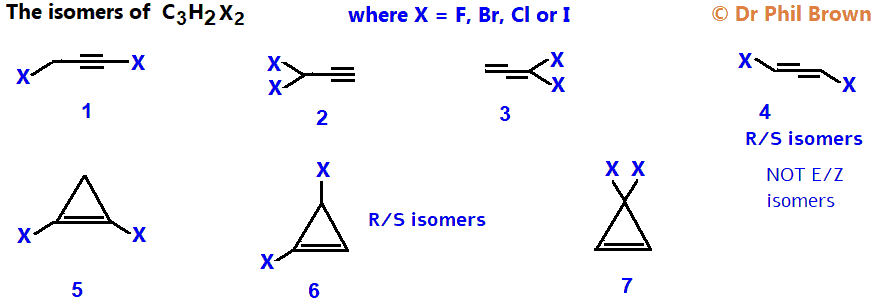 7 constitutional isomers of formula C3H2F2 C3H2Cl2 C3H2Br2 C3H2I2 skeletal formula structural formula of isomers of molecular formula C3H2F2 C3H2Cl2 C3H2Br2 C3H2I2