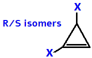 R/S optical isomers 1,3-difluorocyclopropene,  1,3-dichlorocyclopropene,  1,3-dibromocyclopropene,  1,3-diiodocyclopropene skeletal formula constitutional structural formula