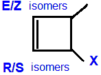 R/S optical E/Z geometrical isomers 3-fluoro-4-methylcyclobutene,  3-chloro-4-methylcyclobutene,  3-bromo-4-methylcyclobutene,  3-iodo-4-methylcyclobutene skeletal formula constitutional structural formuka molecular formula  C5H7F, C5H7Cl, C5H7Br, C5H7I 