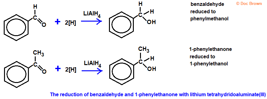 diagram equation reaction of reduction of benzaldehyde & 1-phenylethanone reacting with lithium tetrahydridoaluminate(III) reducing agent