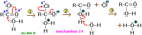 General nucleophilic addition elimination mechanism for reaction of acyl/acid chloride with nucleophile water carboxylic acid product advanced organic chemistry